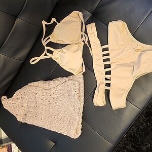 Keva J 2 piece with coverup nude strapping bikini padded triangle top sz Med